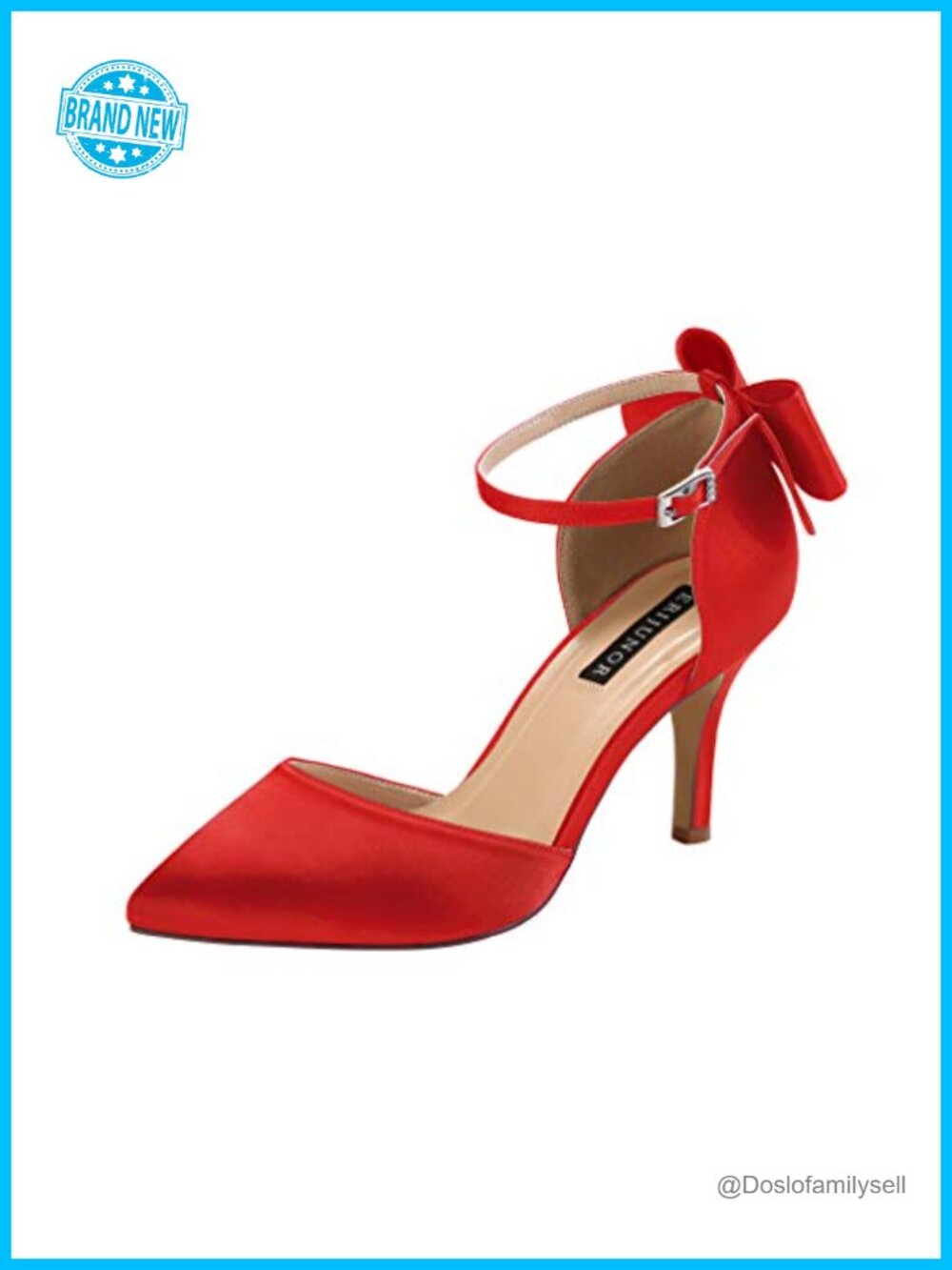 ERIJUNOR Women's Comfortable Mid Heel Satin Pumps with Bow Knot Ankle Strap